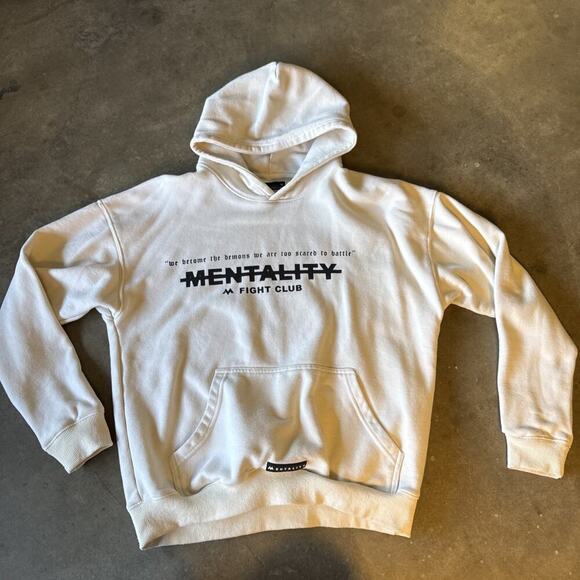 Men’s M Mentality‎ Fight Club Battling Demons Gym Hoodie Cream Lifting - Picture 1 of 10